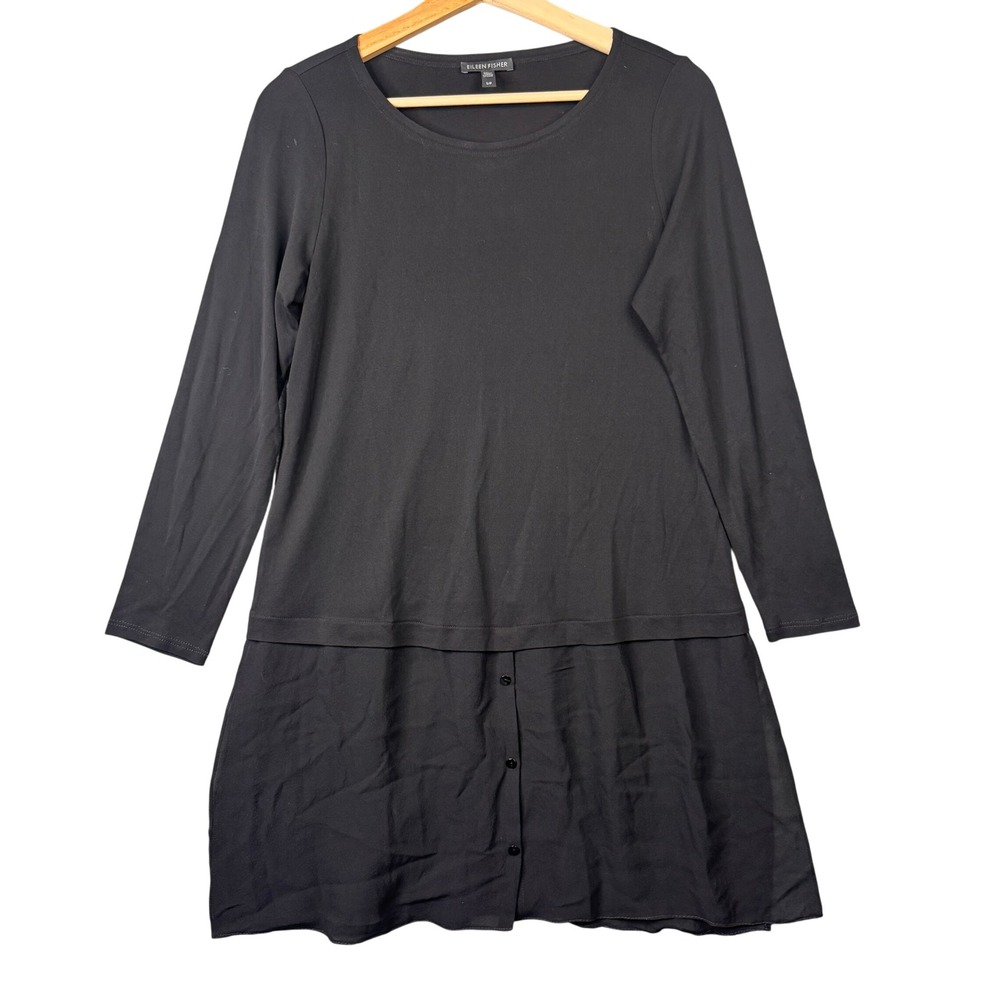 Eileen Fisher Black 100% Crepe Silk Long Sleeve Button Tunic Shirt Dress Small S